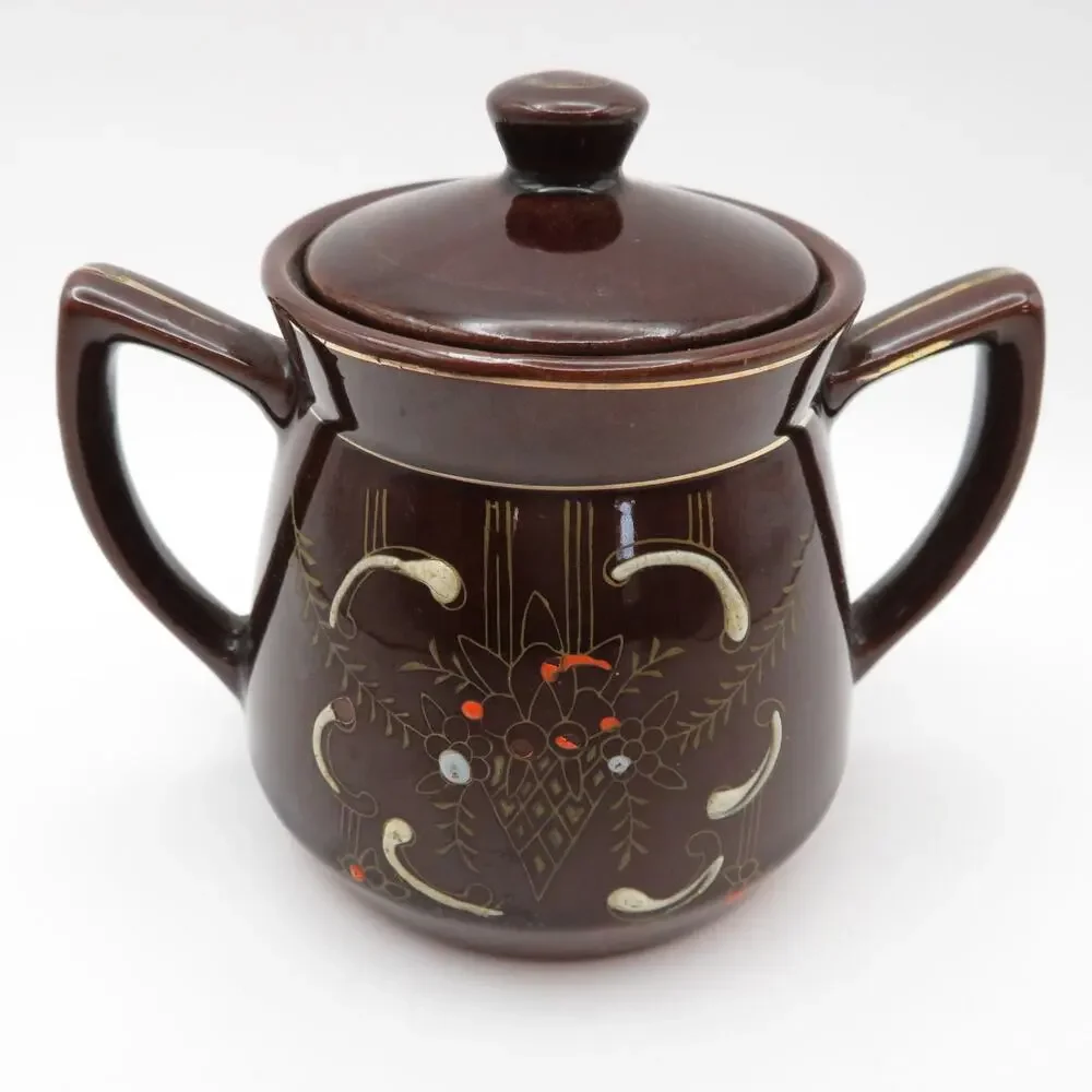 Vintage Japan Redware Moriage Coffee Set Pot, Creamer & Sugar Bowl Brown Floral